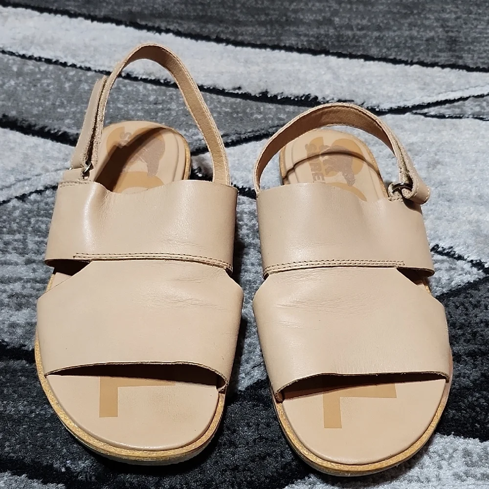 SOREL ELLA II BEIGE SEA SALT LEATHER  SLINGBACK FLAT SANDALS SIZE US 9